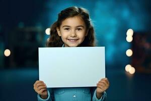 ai généré mignonne peu fille en portant Vide blanc feuille de papier dans sa mains photo