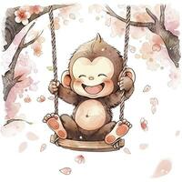 ai généré mignonne content bébé singe sur oscillations sur une arbre dans aquarelle. ai généré photo