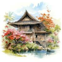 ai généré une aquarellé brillant serein image de une traditionnel Bahay Kubo. ai généré photo