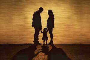 ai généré ombre de content famille ensemble, Parents avec leur peu bébé à le coucher du soleil. une silhouette de l'amour et unité. ai génératif photo