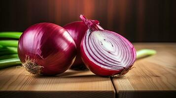 ai généré rouge oignon tranche sur le en bois table ai génératif photo