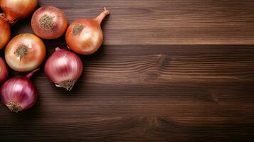 ai généré rouge oignon sur le en bois table ai génératif photo