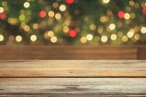 ai généré bois table dans de face de Noël lumière nuit, abstrait circulaire bokeh Contexte. pro photo