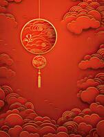 ai généré portrait chinois élément avec rouge des nuages Contexte ai génératif photo