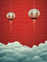 ai généré portrait rouge chinois lanterne avec des nuages sur le rouge Contexte ai génératif photo