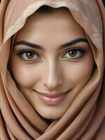 ai généré magnifique musulman femme souriant et en riant portant une hijab et décoré châle photo