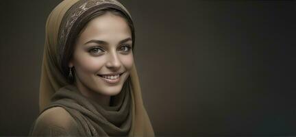 ai généré magnifique musulman femme souriant et en riant portant une hijab et décoré châle photo