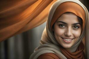 ai généré magnifique musulman femme souriant et en riant portant une hijab et décoré châle photo