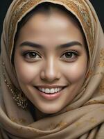 ai généré magnifique musulman femme souriant et en riant portant une hijab et décoré châle photo