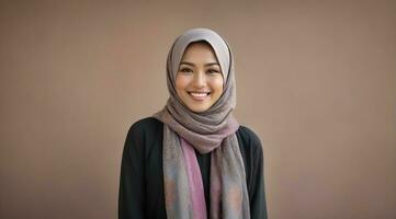 ai généré magnifique musulman femme souriant et en riant portant une hijab et décoré châle photo