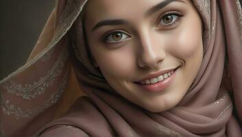 ai généré magnifique musulman femme souriant et en riant portant une hijab et décoré châle photo