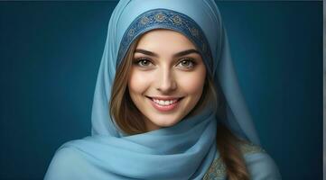 ai généré magnifique musulman femme souriant et en riant portant une hijab et décoré châle photo