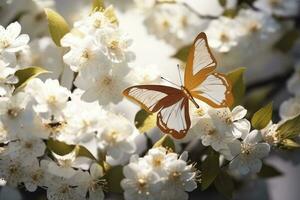 ai généré goden papillons avec blanc fleurs. ai généré photo