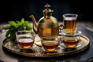 ai généré traditionnel marocain thé ensemble avec décoratif théières, lunettes, et menthe feuilles. génératif ai photo