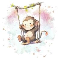 ai généré mignonne content bébé singe sur oscillations sur une arbre dans aquarelle. ai généré photo