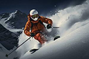 ai généré skieur ski sur Montagne pente. ai généré photo