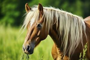 ai généré marron cheval avec blond cheveux mange herbe sur une vert Prairie détail de le diriger. ai généré photo