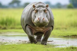 ai généré hippopotame en marchant dans une vert champ. ai généré photo