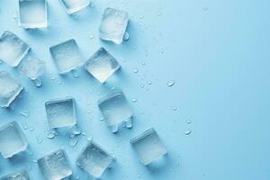 ai généré cubes de la glace et gouttes sont isolé sur le bleu Contexte avec vide espace. ai généré photo