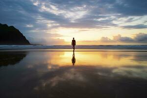 ai généré une la personne en marchant sur le plage à le coucher du soleil. ai généré. photo