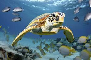 ai généré tortue fermer avec école de poisson. ai généré photo