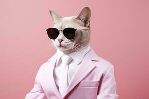 ai généré une chat est portant des lunettes de soleil et costume sur rose Contexte. ai généré photo