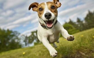 ai généré jack russel pasteur chien courir vers le caméra faible angle haute la vitesse tir. ai généré photo