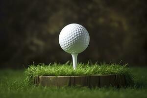 ai généré blanc le golf Balle sur en bois tee avec herbe. génératif ai photo