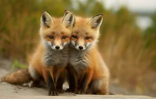 ai généré sauvage bébé rouge renards câlins à le plage. génératif ai photo