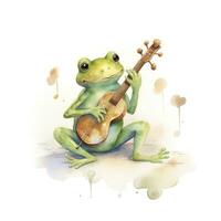 ai généré aquarelle vert grenouille en jouant une minuscule musical instrument sur blanc Contexte. ai généré photo