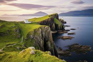 ai généré Skye île nid point phare dans montagnes. ai généré photo