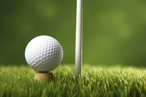 ai généré blanc le golf Balle sur en bois tee avec herbe. génératif ai photo