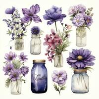 ai généré collection de aquarelle le maçon pots avec violet fleurs clipart. ai généré photo