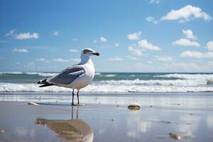 ai généré mouette sur le plage en dessous de bleu ciel. photo