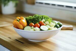 ai généré cuisine encore la vie avec blanc bol de lavé des légumes sur en bois bureau. ai généré photo