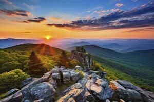 ai généré le coucher du soleil sur pierreux homme Montagne. ai généré photo