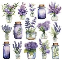 ai généré collection de aquarelle le maçon pots avec violet fleurs clipart. ai généré photo