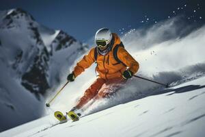 ai généré skieur ski sur Montagne pente. ai généré photo