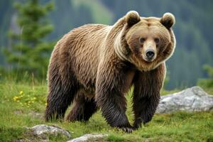 ai généré marron ours en mouvement sur le vert Prairie dans printemps la nature. ai généré photo