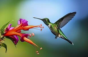 ai généré colibri oiseau en volant suivant à une magnifique rouge fleur avec pluie. ai généré photo