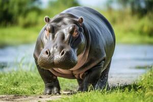 ai généré hippopotame en marchant dans une vert champ. ai généré photo