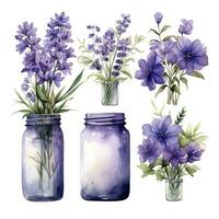 ai généré collection de aquarelle le maçon pots avec violet fleurs clipart. ai généré photo