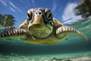 ai généré vert tortue à le eau de mer. ai généré photo