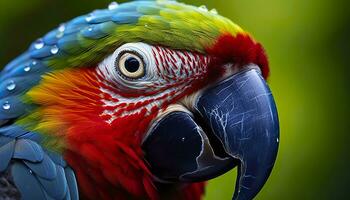 ai généré tropical ara perché, vibrant plumes dans se concentrer. génératif ai photo