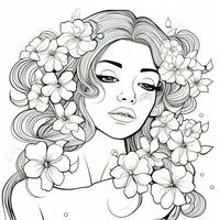 ai généré une fille sur une coloration livre page avec jasmin fleurs. ai généré photo