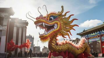 ai généré chinois dragon en dessous de une brillant ciel. ai généré photo