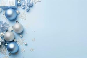 ai généré Noël veille concept. Haut vue photo de bleu et argent babioles flocon de neige ornements élégant présent des boites et confettis. ai généré