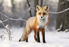 ai généré rouge Renard permanent sur neige. ai généré. photo