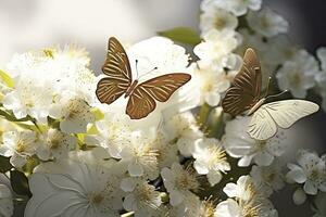 ai généré goden papillons avec blanc fleurs. ai généré photo