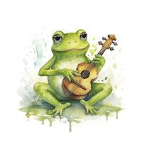 ai généré aquarelle vert grenouille en jouant une minuscule musical instrument sur blanc Contexte. ai généré photo